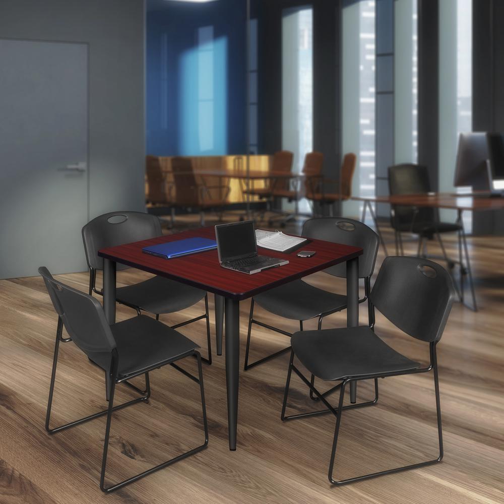 Regency Kahlo 42 in. Square Breakroom Table- Mahogany Top, Black Base & 4 Zeng Stack Chairs- Black. Picture 7