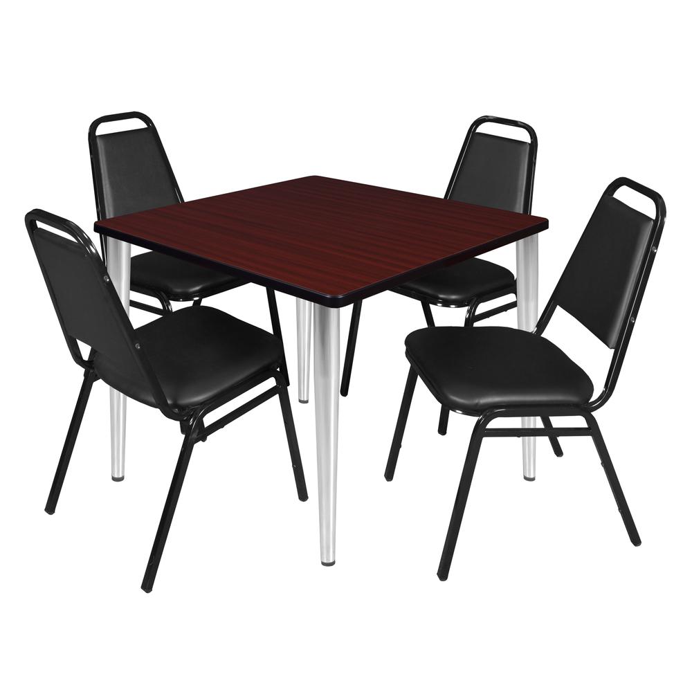 Regency Kahlo 42 in. Square Breakroom Table- Mahogany Top, Chrome Base & 4 Restaurant Stack Chairs- Black. Picture 1