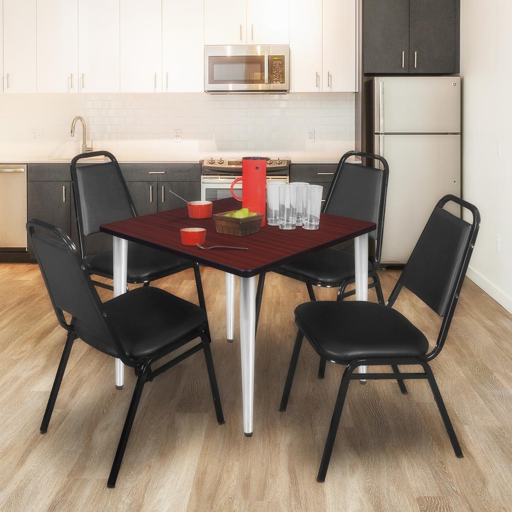 Regency Kahlo 42 in. Square Breakroom Table- Mahogany Top, Chrome Base & 4 Restaurant Stack Chairs- Black. Picture 7