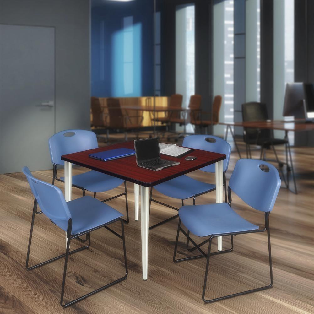 Regency Kahlo 42 in. Square Breakroom Table- Mahogany Top, Chrome Base & 4 Zeng Stack Chairs- Blue. Picture 7