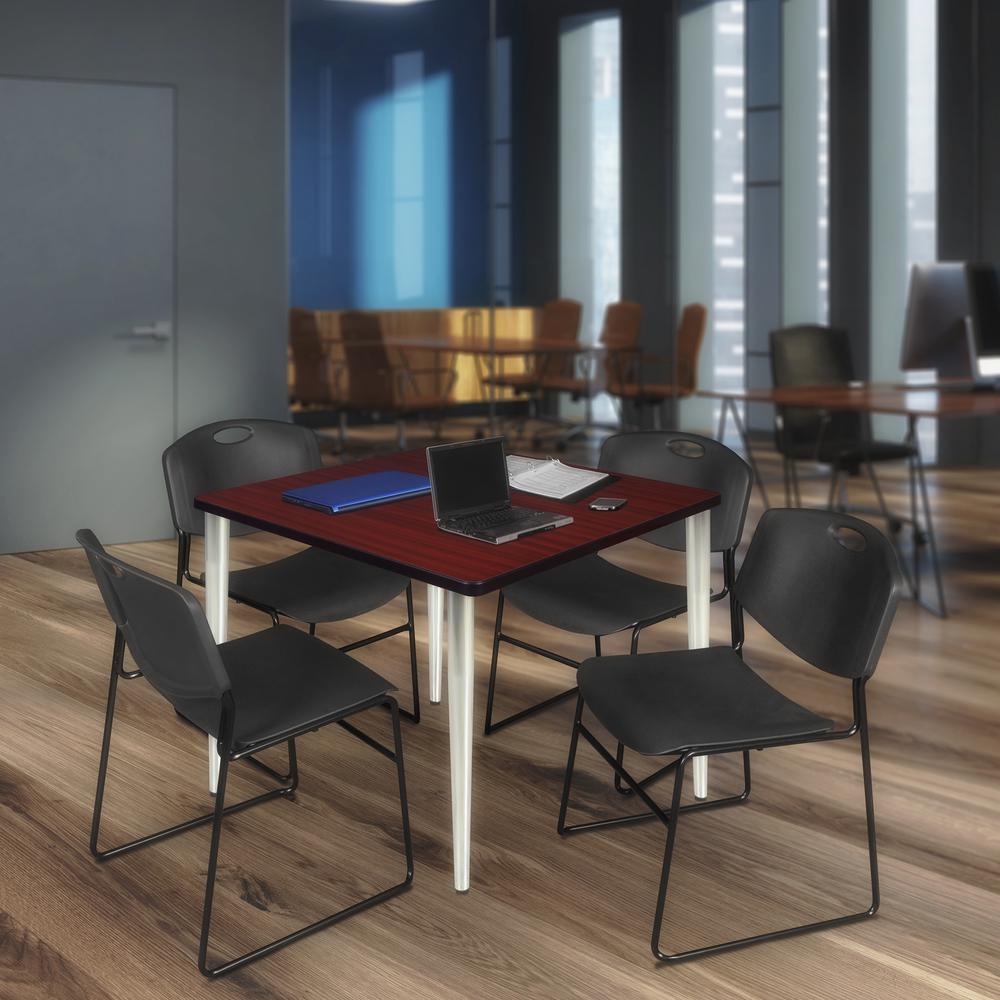 Regency Kahlo 42 in. Square Breakroom Table- Mahogany Top, Chrome Base & 4 Zeng Stack Chairs- Black. Picture 7
