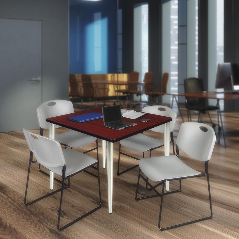 Regency Kahlo 42 in. Square Breakroom Table- Mahogany Top, Chrome Base & 4 Zeng Stack Chairs- Grey. Picture 7
