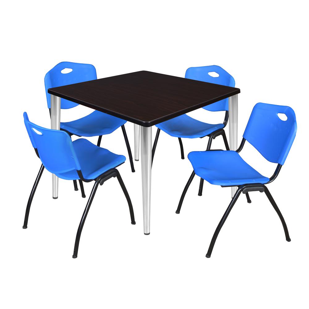 Regency Kahlo 42 in. Square Breakroom Table- Mahogany Top, Chrome Base & 4 M Stack Chairs- Blue. Picture 1