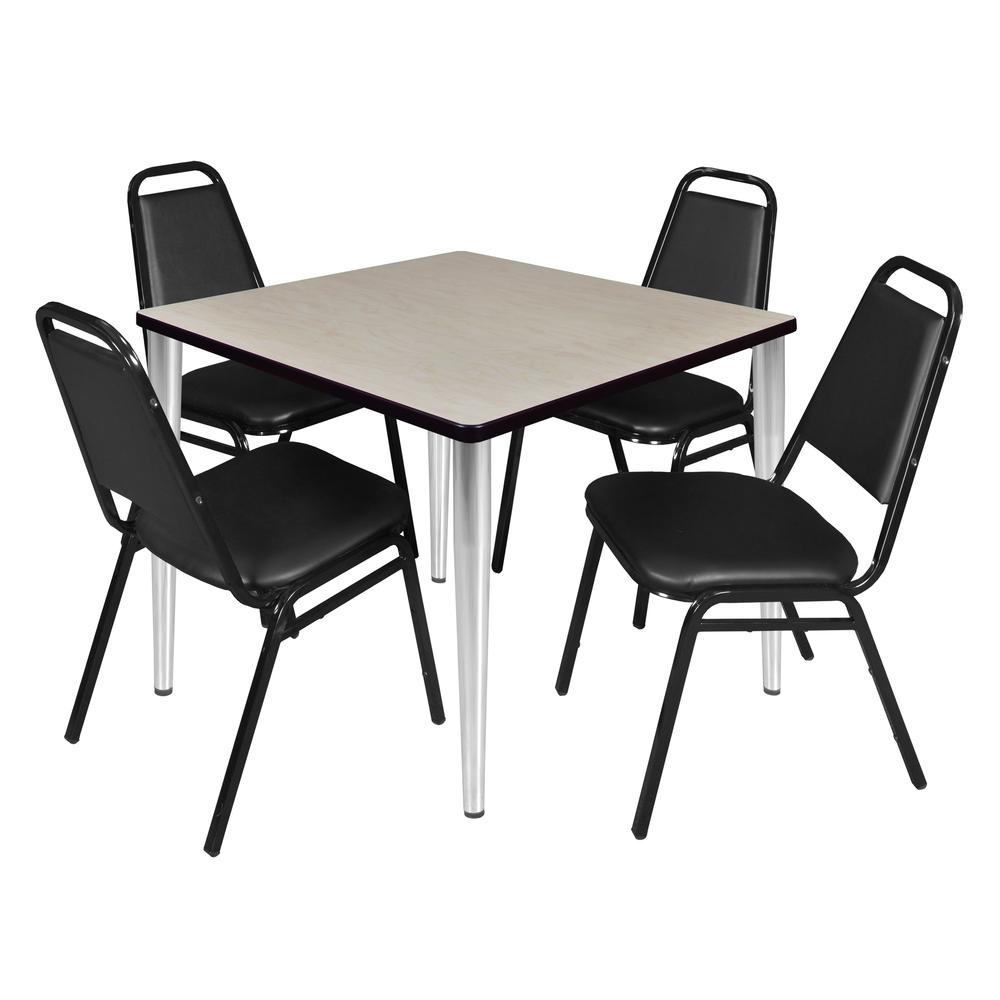 Regency Kahlo 42 in. Square Breakroom Table- Maple Top, Chrome Base & 4 Restaurant Stack Chairs- Black. Picture 1
