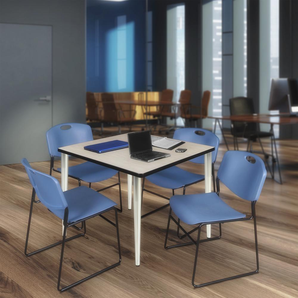 Regency Kahlo 42 in. Square Breakroom Table- Maple Top, Chrome Base & 4 Zeng Stack Chairs- Blue. Picture 7