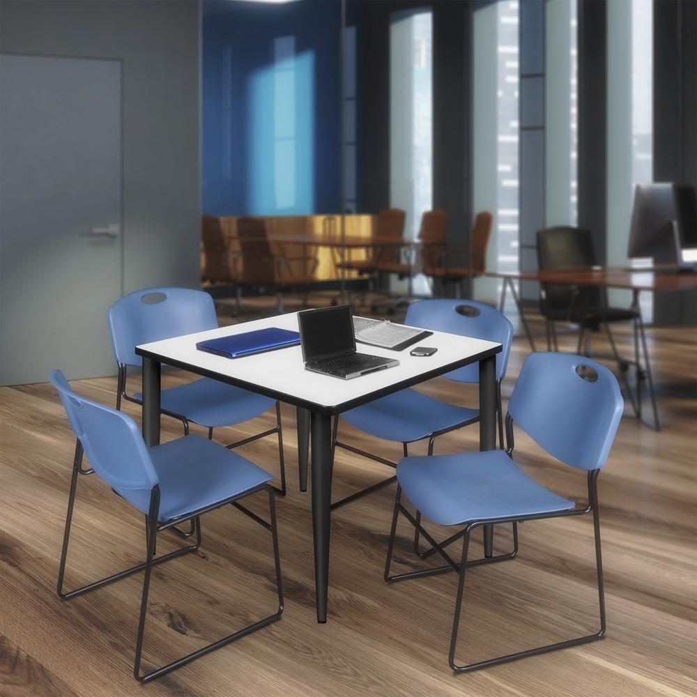 Regency Kahlo 42 in. Square Breakroom Table- White, Black Base & 4 Zeng Stack Chairs- Blue. Picture 7