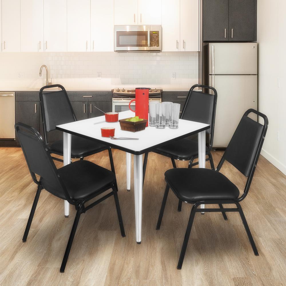 Regency Kahlo 42 in. Square Breakroom Table- White Top, Chrome Base & 4 Restaurant Stack Chairs- Black. Picture 7