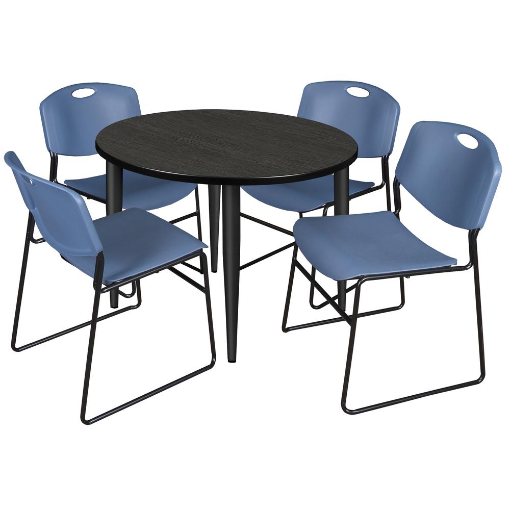 Regency Kahlo 42 in. Round Breakroom Table- Ash Grey Top, Black Base & 4 Zeng Stack Chairs- Blue. Picture 1