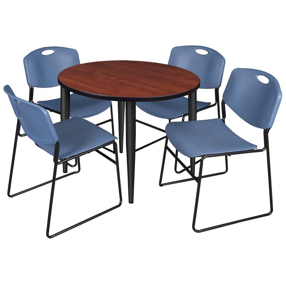 Regency Kahlo 42 in. Round Breakroom Table- Cherry Top, Black Base & 4 Zeng Stack Chairs- Blue. Picture 1