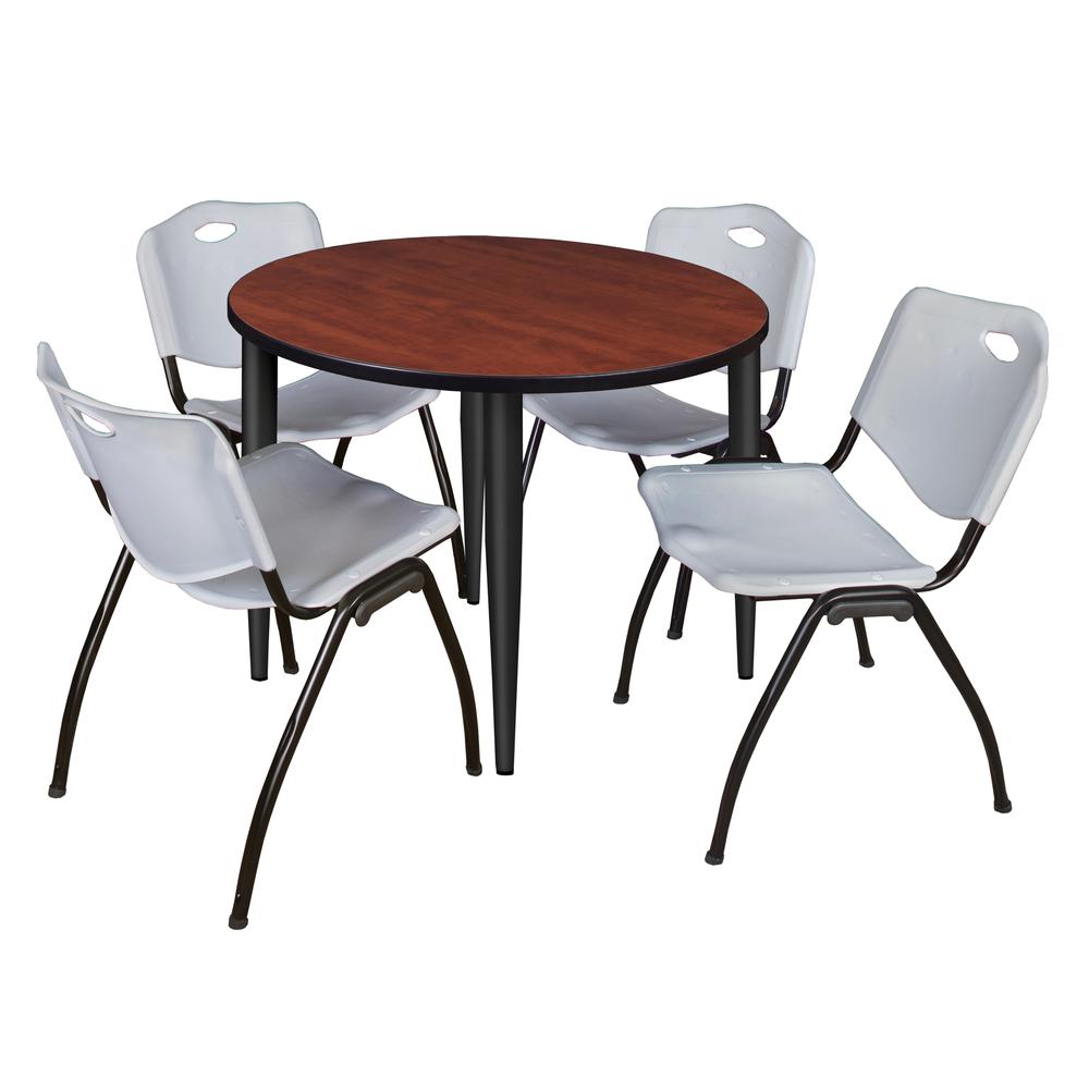 Regency Kahlo 42 in. Round Breakroom Table- Cherry Top, Black Base & 4 M Stack Chairs- Grey. Picture 1