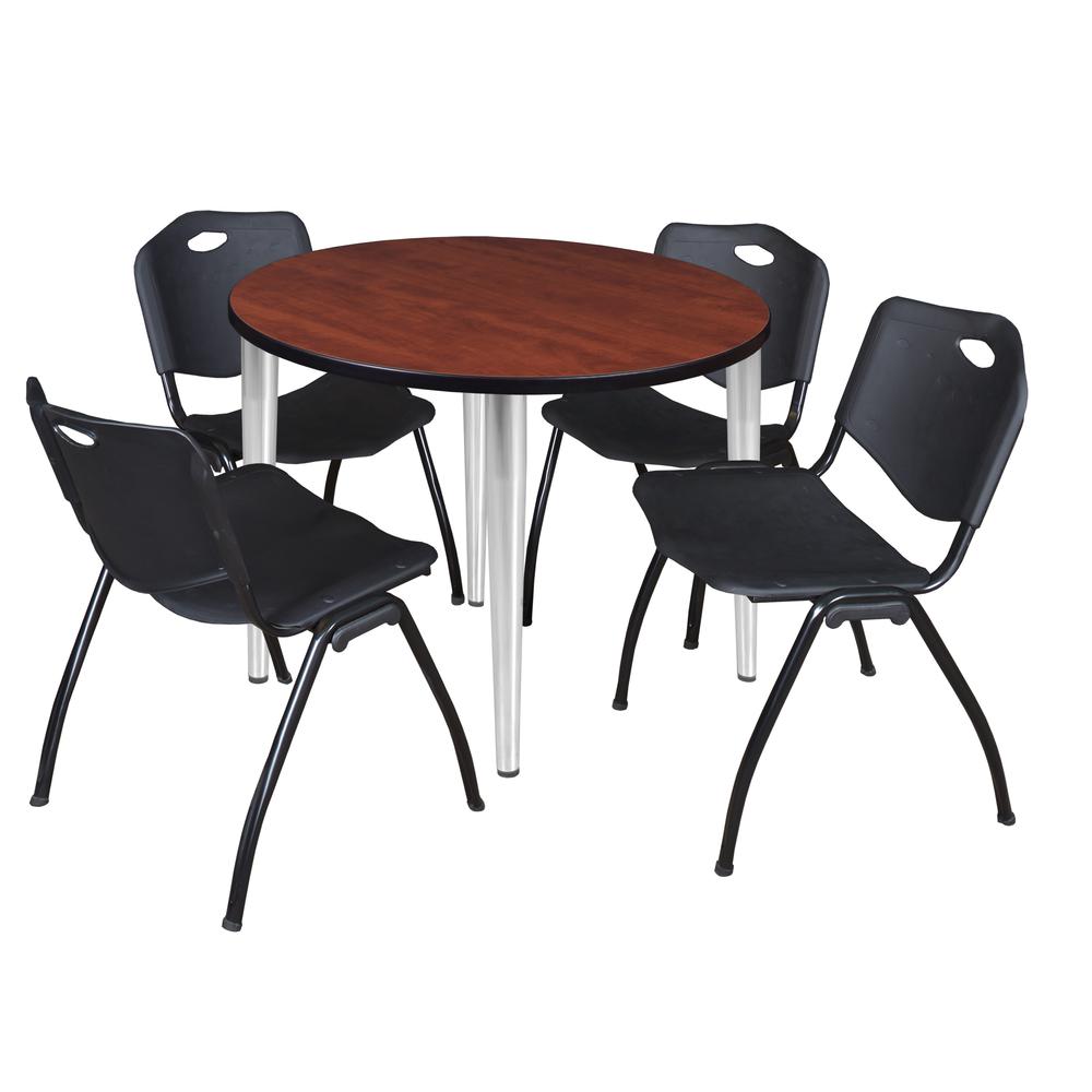 Regency Kahlo 42 in. Round Breakroom Table- Cherry Top, Chrome Base & 4 M Stack Chairs- Black. Picture 1