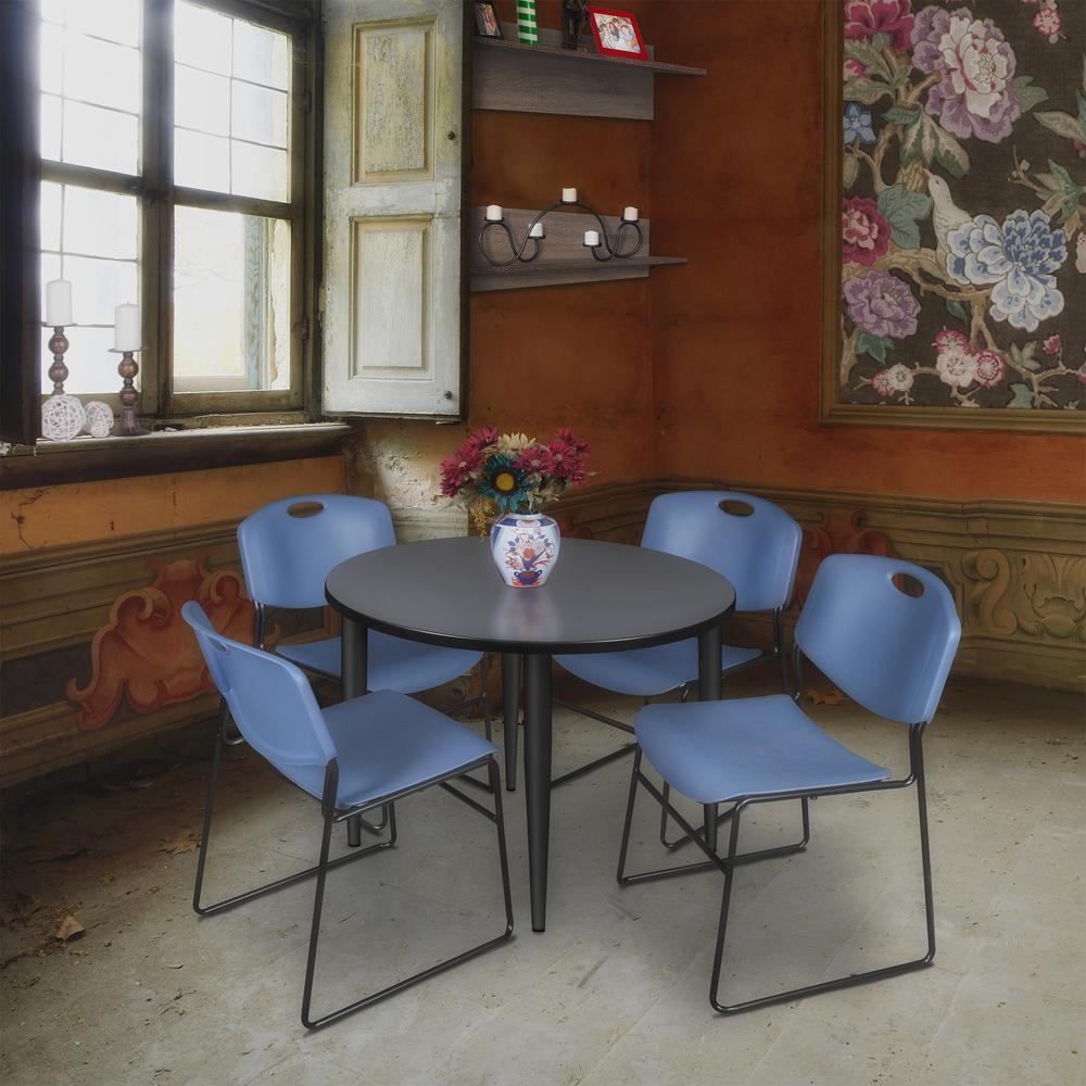 Regency Kahlo 42 in. Round Breakroom Table- Grey Top, Black Base & 4 Zeng Stack Chairs- Blue. Picture 7