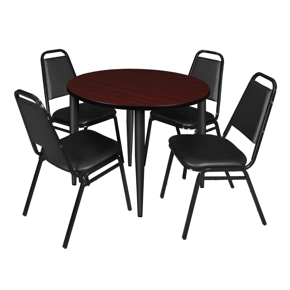 Regency Kahlo 42 in. Round Breakroom Table- Mahogany Top, Black Base & 4 Restaurant Stack Chairs- Black. Picture 1