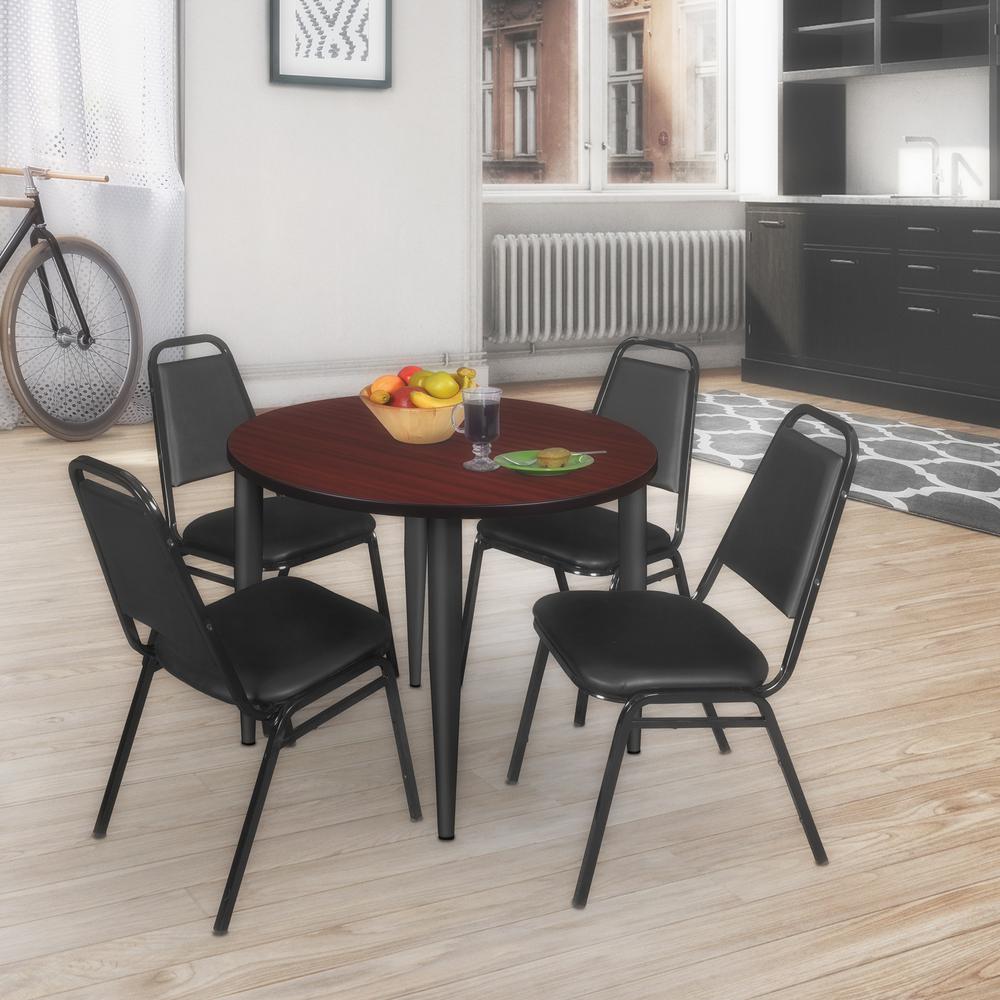 Regency Kahlo 42 in. Round Breakroom Table- Mahogany Top, Black Base & 4 Restaurant Stack Chairs- Black. Picture 7
