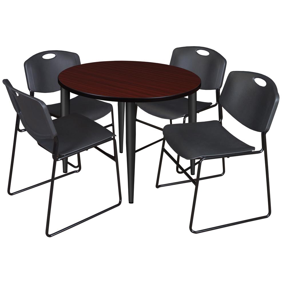 Regency Kahlo 42 in. Round Breakroom Table- Mahogany Top, Black Base & 4 Zeng Stack Chairs- Black. Picture 1