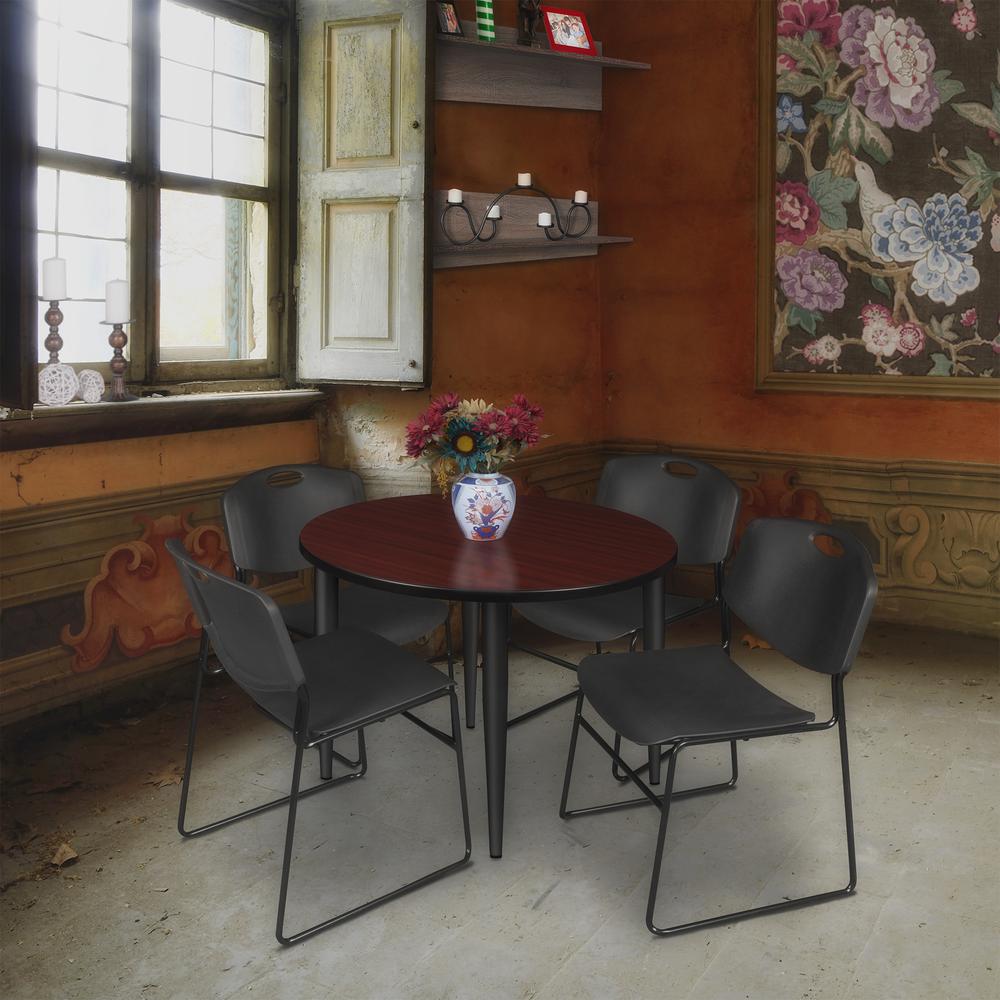 Regency Kahlo 42 in. Round Breakroom Table- Mahogany Top, Black Base & 4 Zeng Stack Chairs- Black. Picture 7