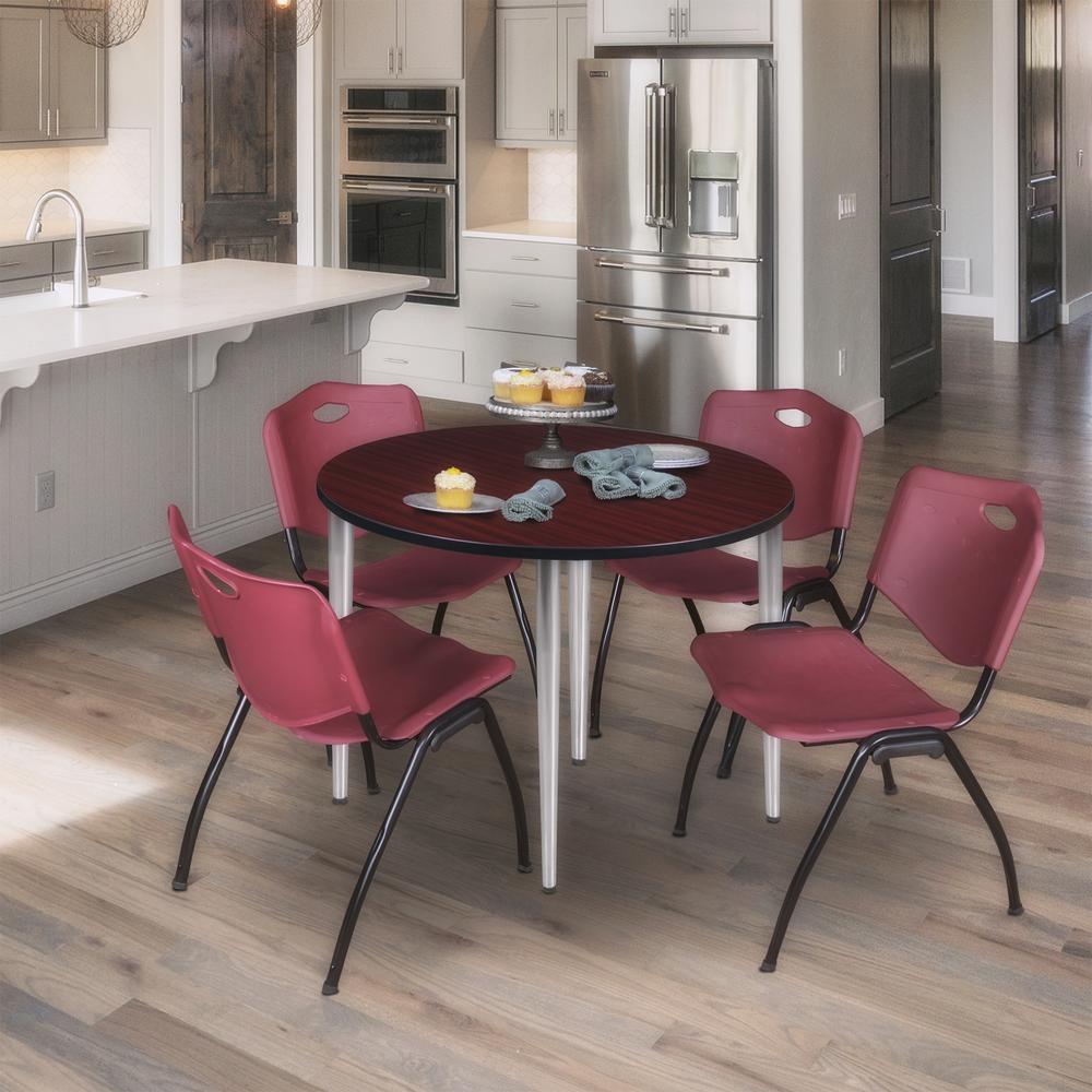 Regency Kahlo 42 in. Round Breakroom Table- Mahogany Top, Chrome Base & 4 M Stack Chairs- Burgundy. Picture 7
