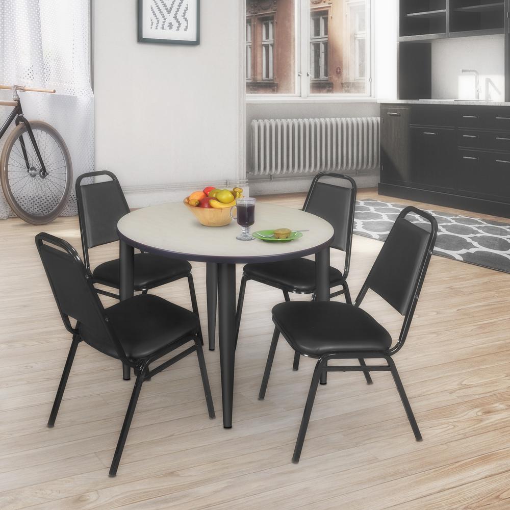 Regency Kahlo 42 in. Round Breakroom Table- Maple Top, Black Base & 4 Restaurant Stack Chairs- Black. Picture 7