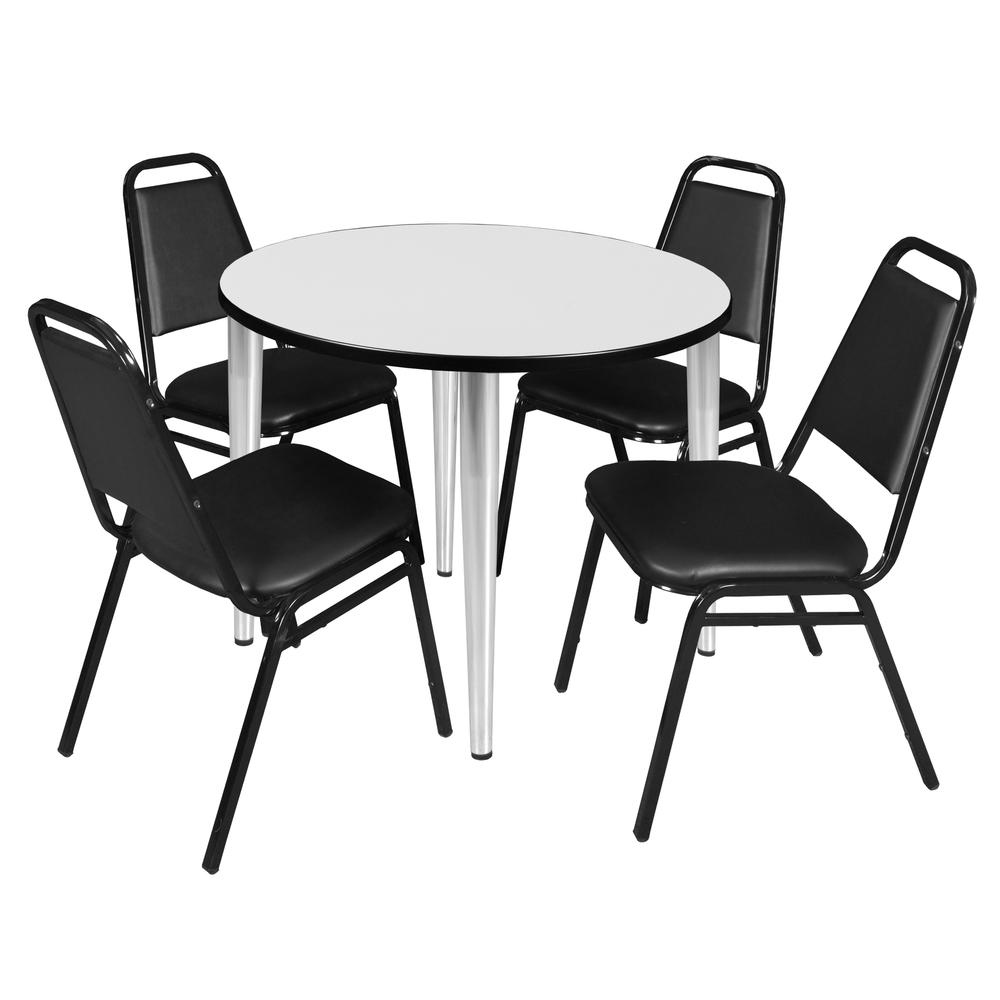 Regency Kahlo 42 in. Round Breakroom Table- White Top, Chrome Base & 4 Restaurant Stack Chairs- Black. Picture 1