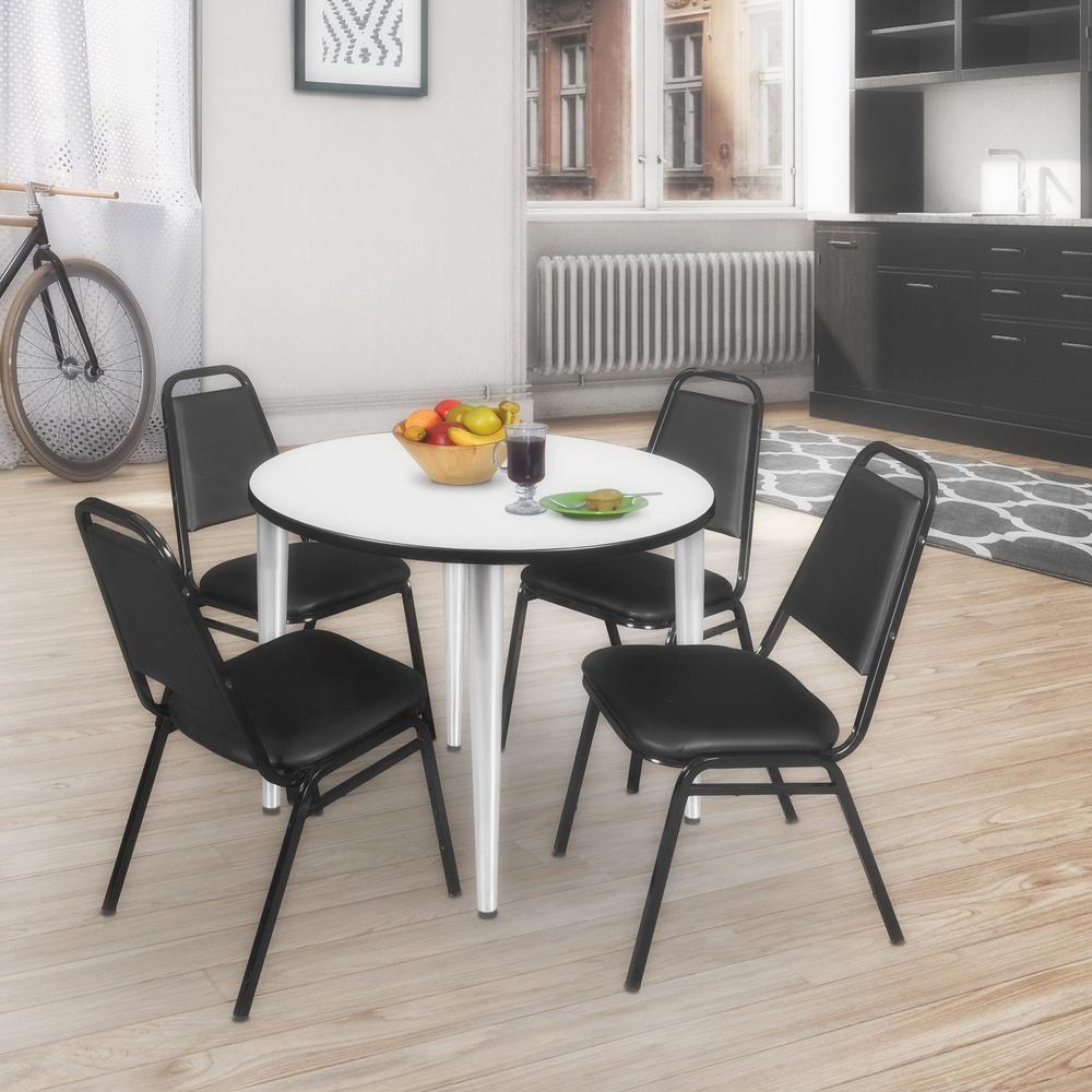 Regency Kahlo 42 in. Round Breakroom Table- White Top, Chrome Base & 4 Restaurant Stack Chairs- Black. Picture 9