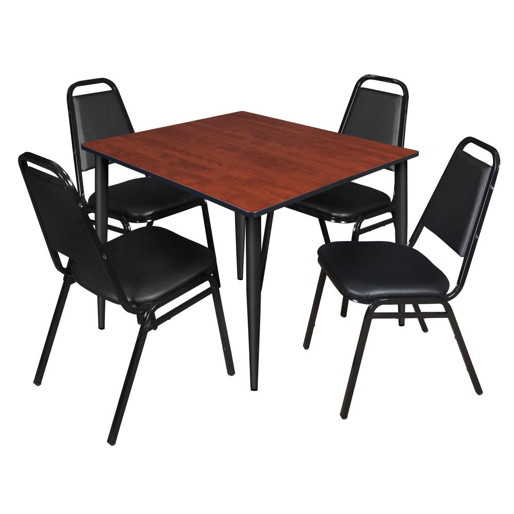 Regency Kahlo 48 in. Square Breakroom Table- Cherry Top, Black Base & 4 Restaurant Stack Chairs- Black. Picture 1