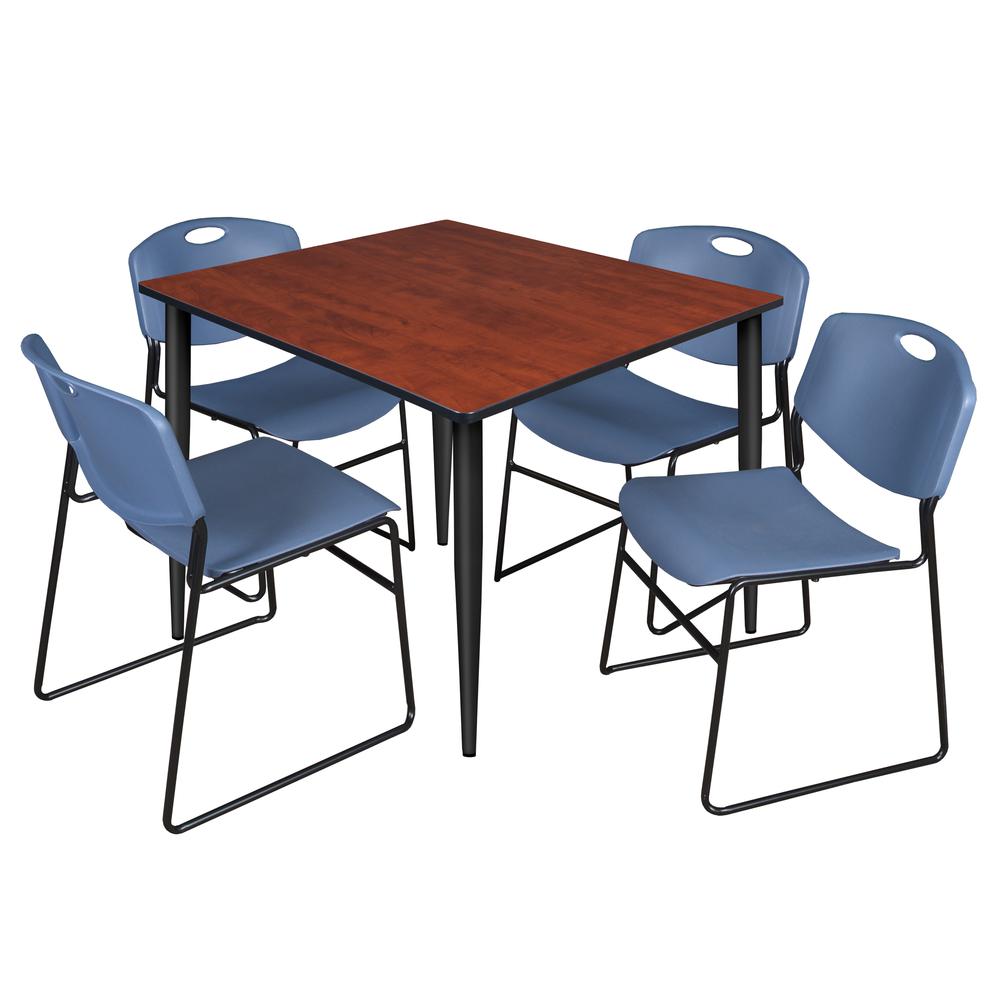 Regency Kahlo 48 in. Square Breakroom Table- Cherry Top, Black Base & 4 Zeng Stack Chairs- Blue. Picture 1