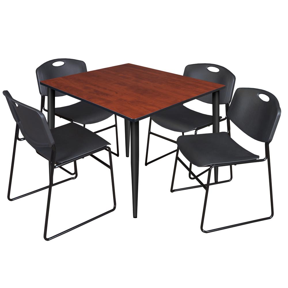 Regency Kahlo 48 in. Square Breakroom Table- Cherry Top, Black Base & 4 Zeng Stack Chairs- Black. Picture 1
