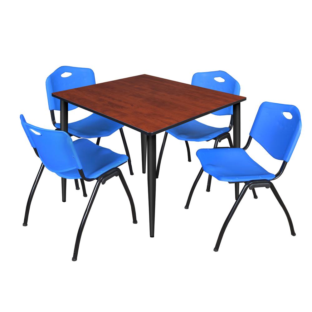 Regency Kahlo 48 in. Square Breakroom Table- Cherry Top, Black Base & 4 M Stack Chairs- Blue. Picture 1