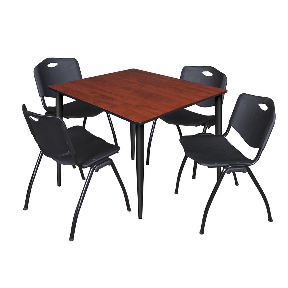 Regency Kahlo 48 in. Square Breakroom Table- Cherry Top, Black Base & 4 M Stack Chairs- Black. Picture 1