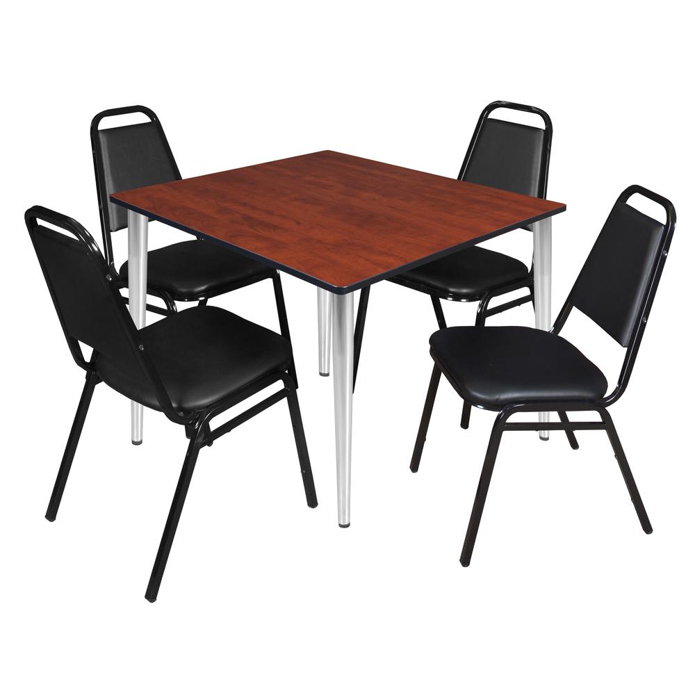 Regency Kahlo 48 in. Square Breakroom Table- Cherry Top, Chrome Base & 4 Restaurant Stack Chairs- Black. Picture 1