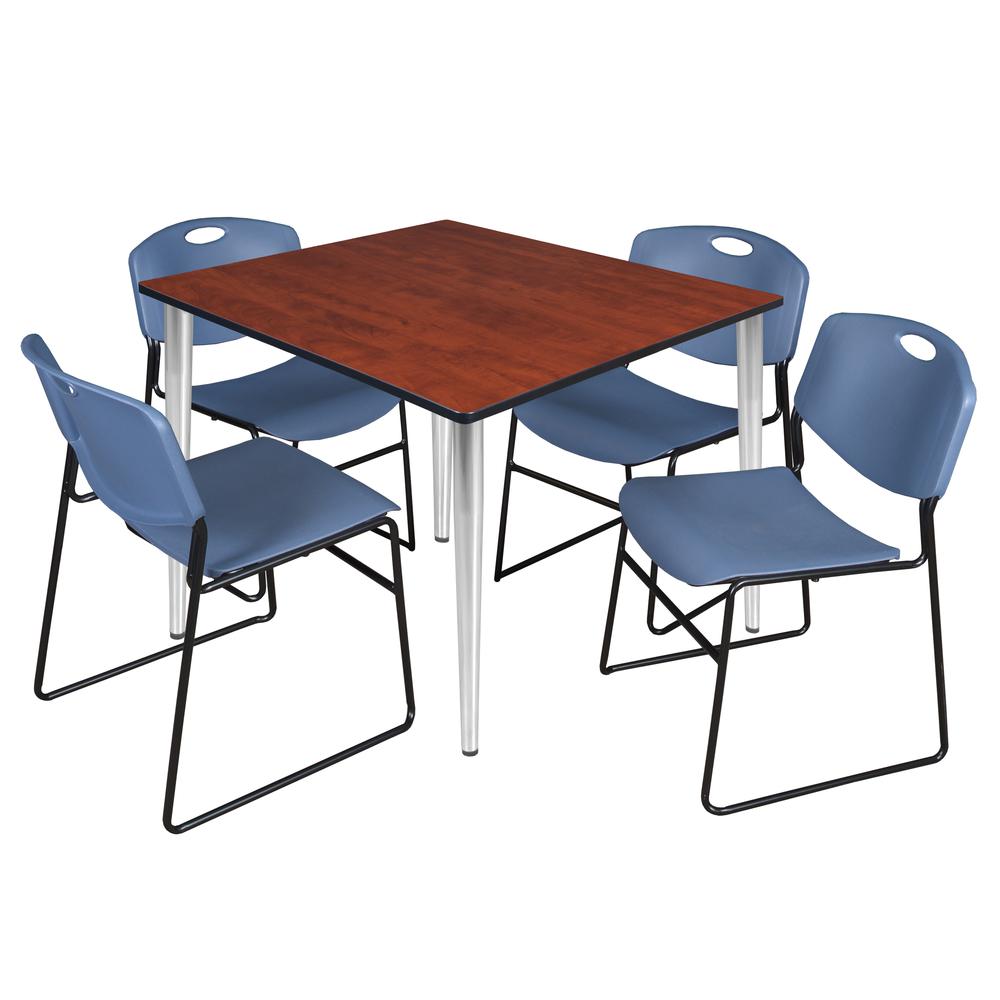 Regency Kahlo 48 in. Square Breakroom Table- Cherry Top, Chrome Base & 4 Zeng Stack Chairs- Blue. Picture 1