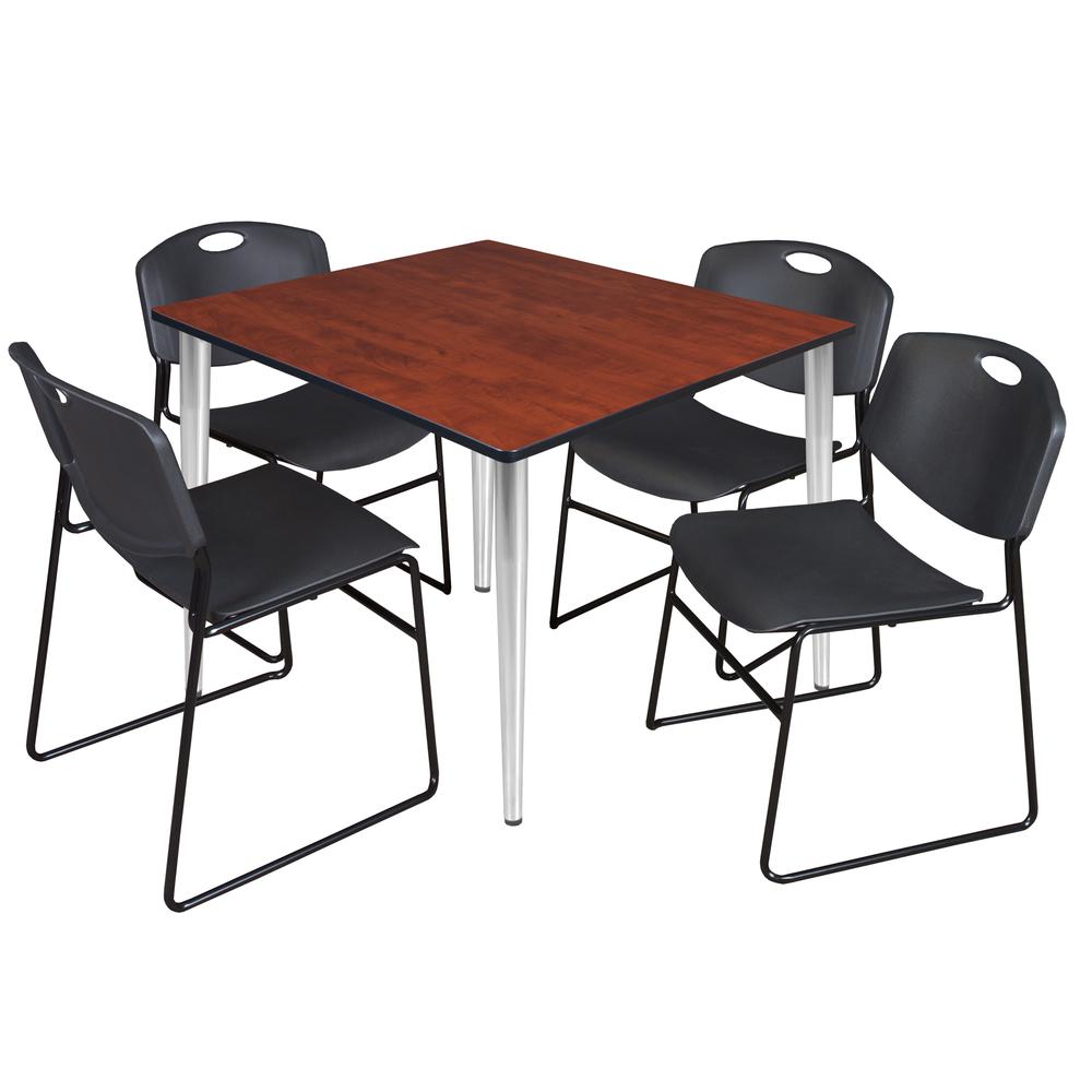 Regency Kahlo 48 in. Square Breakroom Table- Cherry Top, Chrome Base & 4 Zeng Stack Chairs- Black. Picture 1