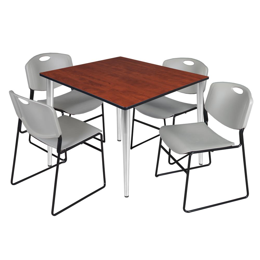 Regency Kahlo 48 in. Square Breakroom Table- Cherry Top, Chrome Base & 4 Zeng Stack Chairs- Grey. Picture 1