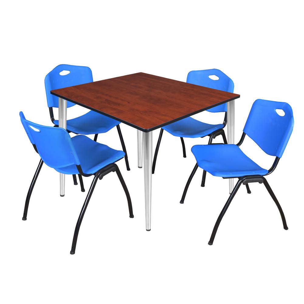 Regency Kahlo 48 in. Square Breakroom Table- Cherry Top, Chrome Base & 4 M Stack Chairs- Blue. Picture 1