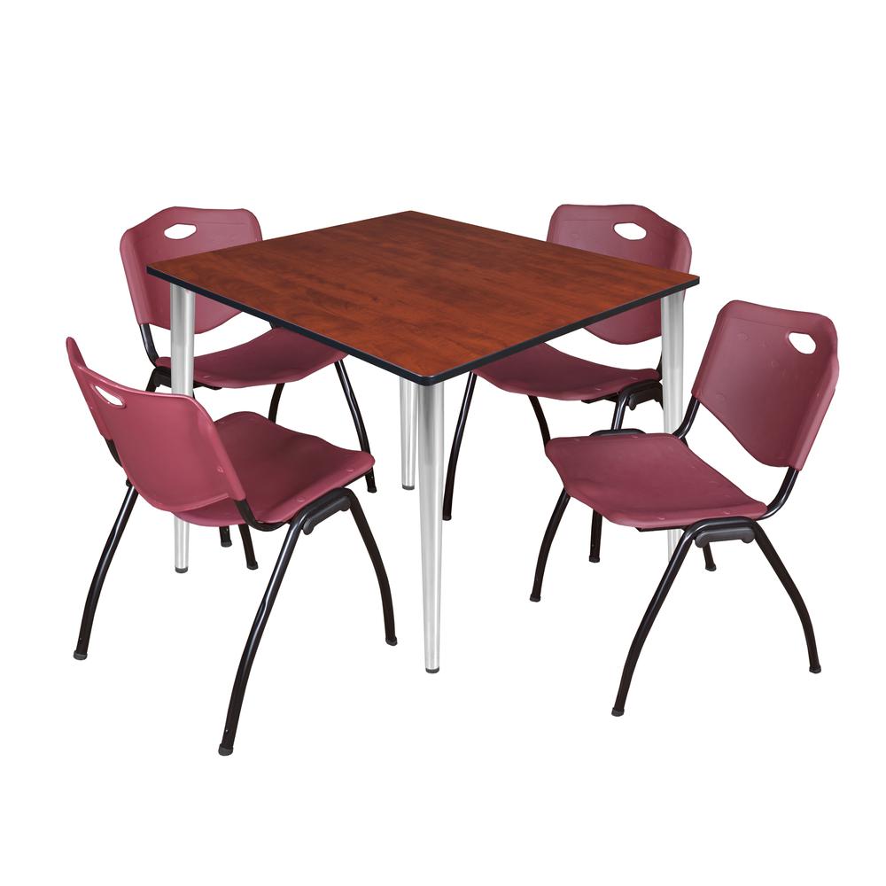Regency Kahlo 48 in. Square Breakroom Table- Cherry Top, Chrome Base & 4 M Stack Chairs- Burgundy. Picture 1