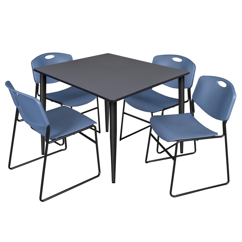 Regency Kahlo 48 in. Square Breakroom Table- Grey Top, Black Base & 4 Zeng Stack Chairs- Blue. Picture 1