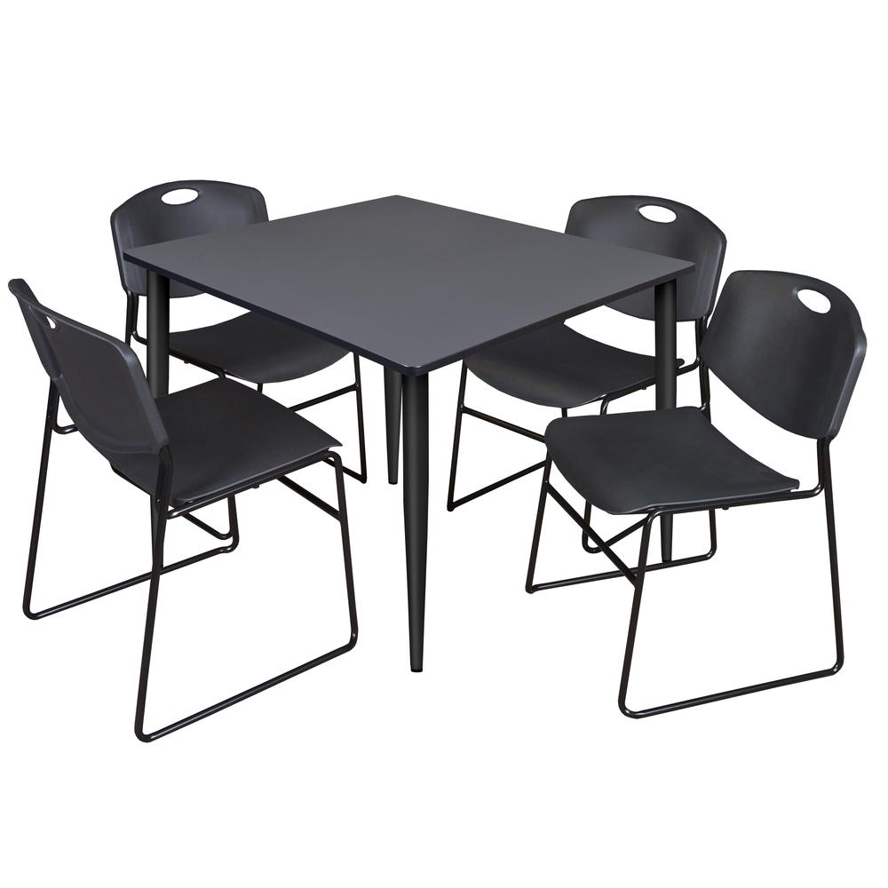 Regency Kahlo 48 in. Square Breakroom Table- Grey Top, Black Base & 4 Zeng Stack Chairs- Black. Picture 1