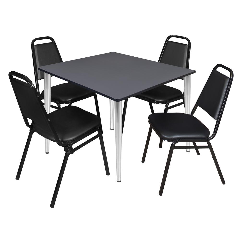 Regency Kahlo 48 in. Square Breakroom Table- Grey Top, Chrome Base & 4 Restaurant Stack Chairs- Black. Picture 1