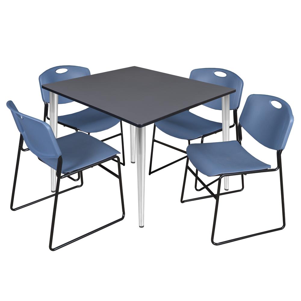Regency Kahlo 48 in. Square Breakroom Table- Grey Top, Chrome Base & 4 Zeng Stack Chairs- Blue. Picture 1