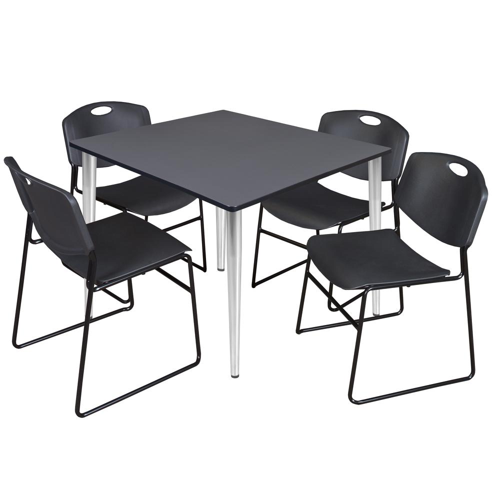 Regency Kahlo 48 in. Square Breakroom Table- Grey Top, Chrome Base & 4 Zeng Stack Chairs- Black. Picture 1