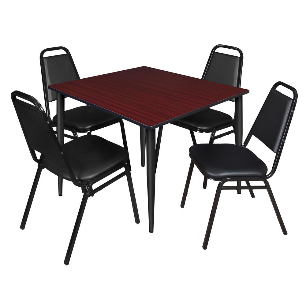 Regency Kahlo 48 in. Square Breakroom Table- Mahogany Top, Black Base & 4 Restaurant Stack Chairs- Black. Picture 1