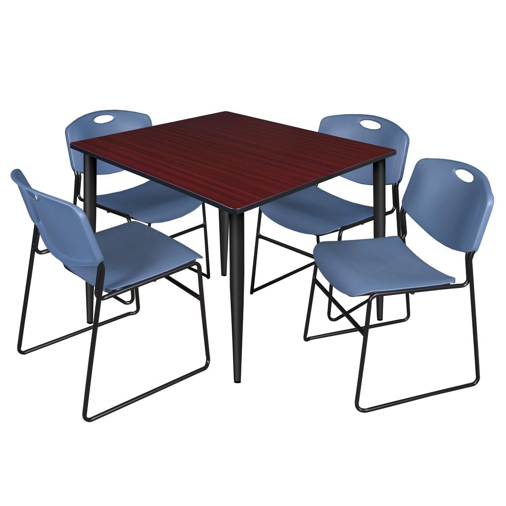 Regency Kahlo 48 in. Square Breakroom Table- Mahogany Top, Black Base & 4 Zeng Stack Chairs- Blue. Picture 1