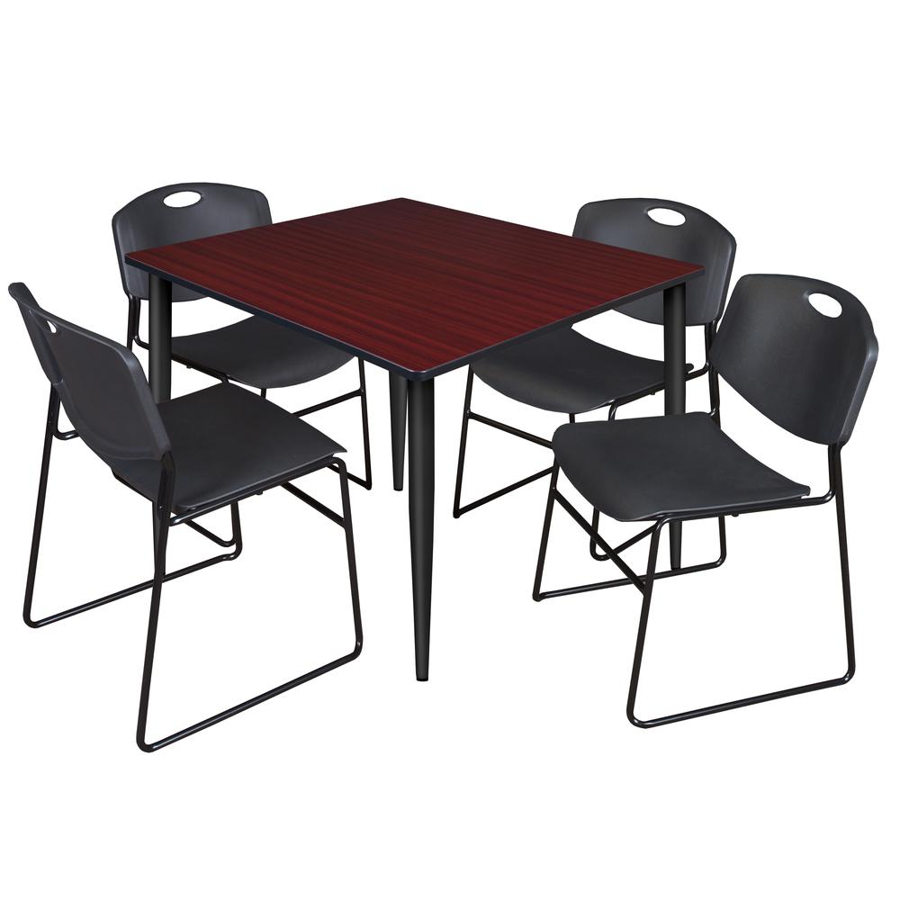 Regency Kahlo 48 in. Square Breakroom Table- Mahogany Top, Black Base & 4 Zeng Stack Chairs- Black. Picture 1