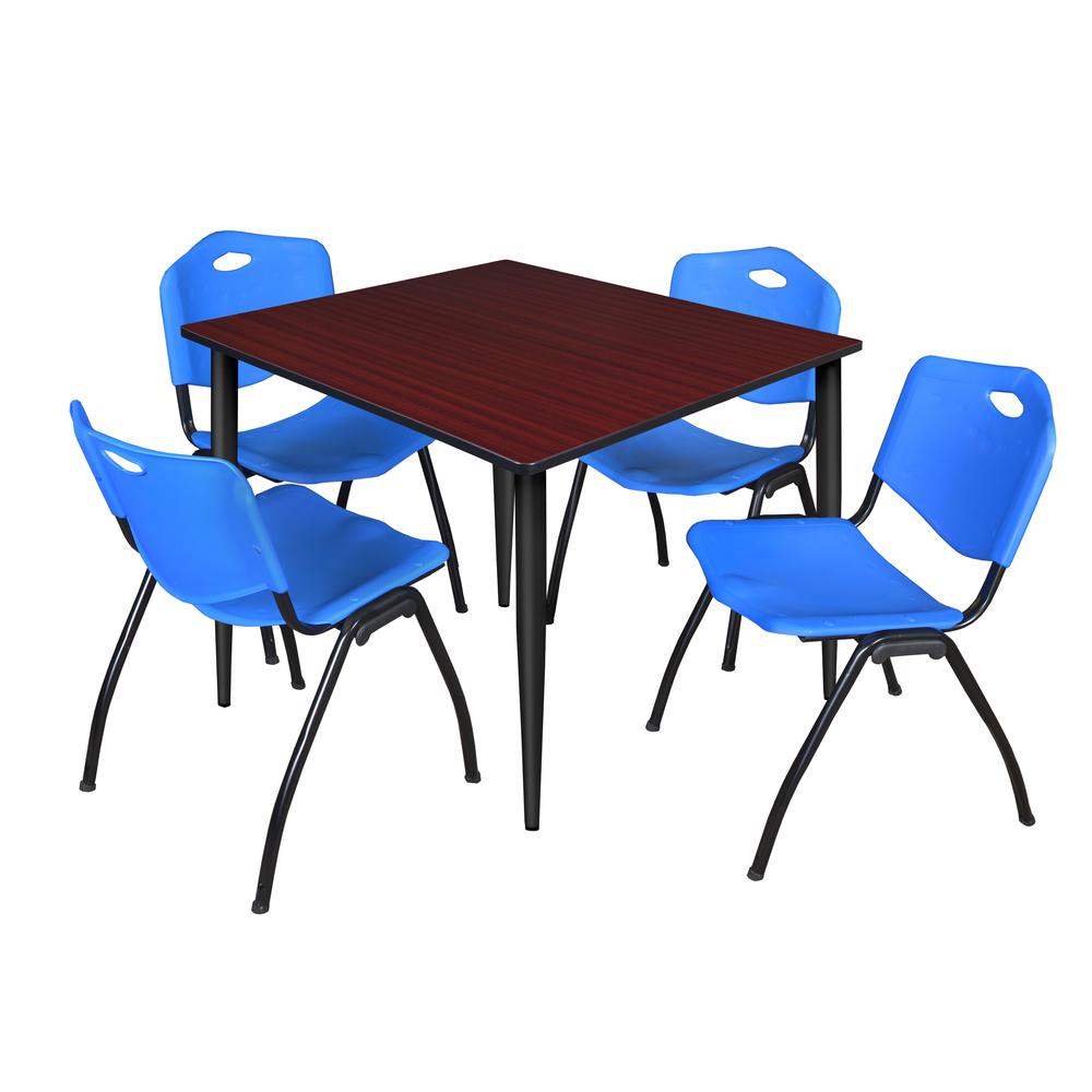 Regency Kahlo 48 in. Square Breakroom Table- Mahogany Top, Black Base & 4 M Stack Chairs- Blue. Picture 1
