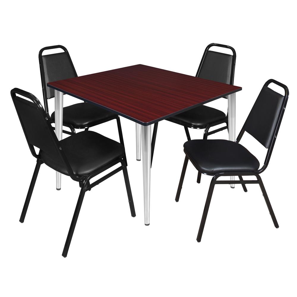 Regency Kahlo 48 in. Square Breakroom Table- Mahogany Top, Chrome Base & 4 Restaurant Stack Chairs- Black. Picture 1