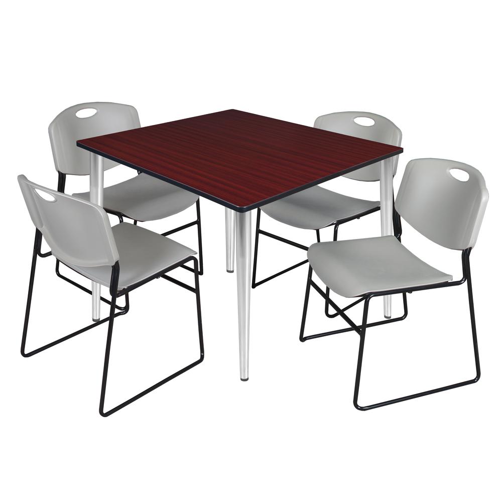 Regency Kahlo 48 in. Square Breakroom Table- Mahogany Top, Chrome Base & 4 Zeng Stack Chairs- Grey. Picture 1