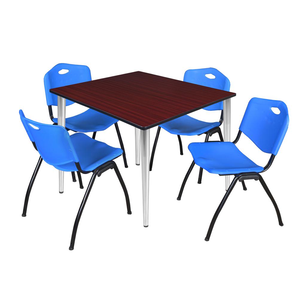 Regency Kahlo 48 in. Square Breakroom Table- Mahogany Top, Chrome Base & 4 M Stack Chairs- Blue. Picture 1