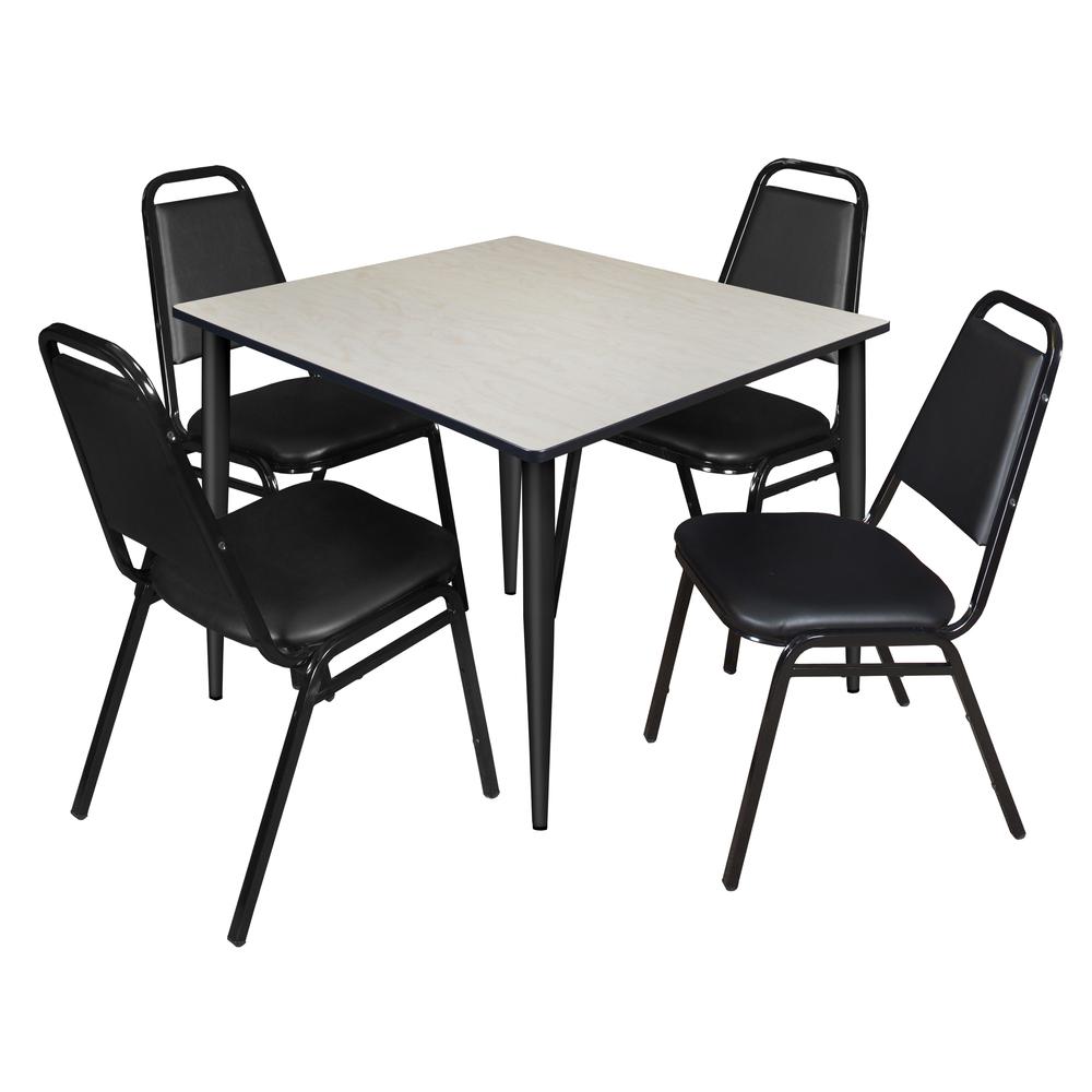 Regency Kahlo 48 in. Square Breakroom Table- Maple Top, Black Base & 4 Restaurant Stack Chairs- Black. Picture 1
