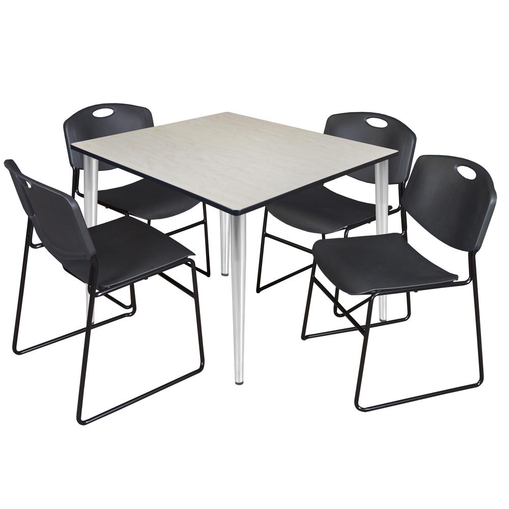 Regency Kahlo 48 in. Square Breakroom Table- Maple Top, Chrome Base & 4 Zeng Stack Chairs- Black. Picture 1