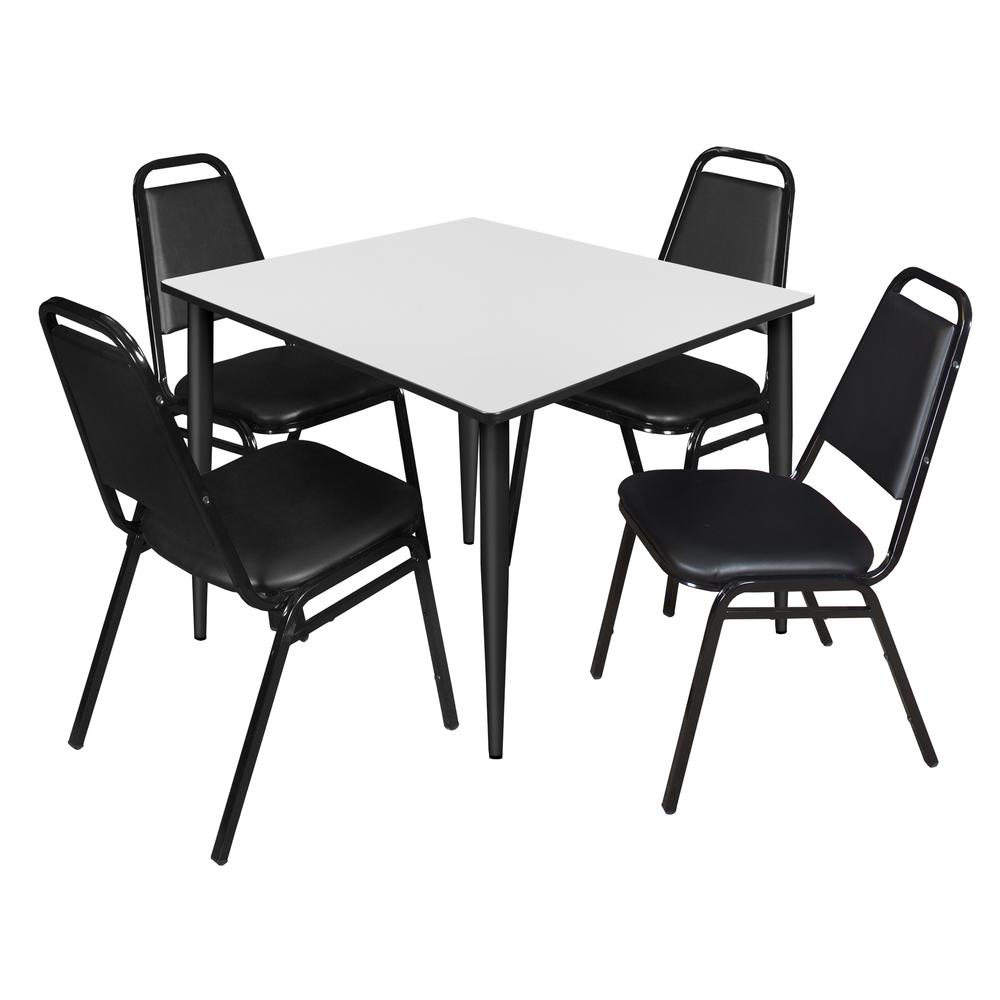 Regency Kahlo 48 in. Square Breakroom Table- White, Black Base & 4 Restaurant Stack Chairs- Black. Picture 1